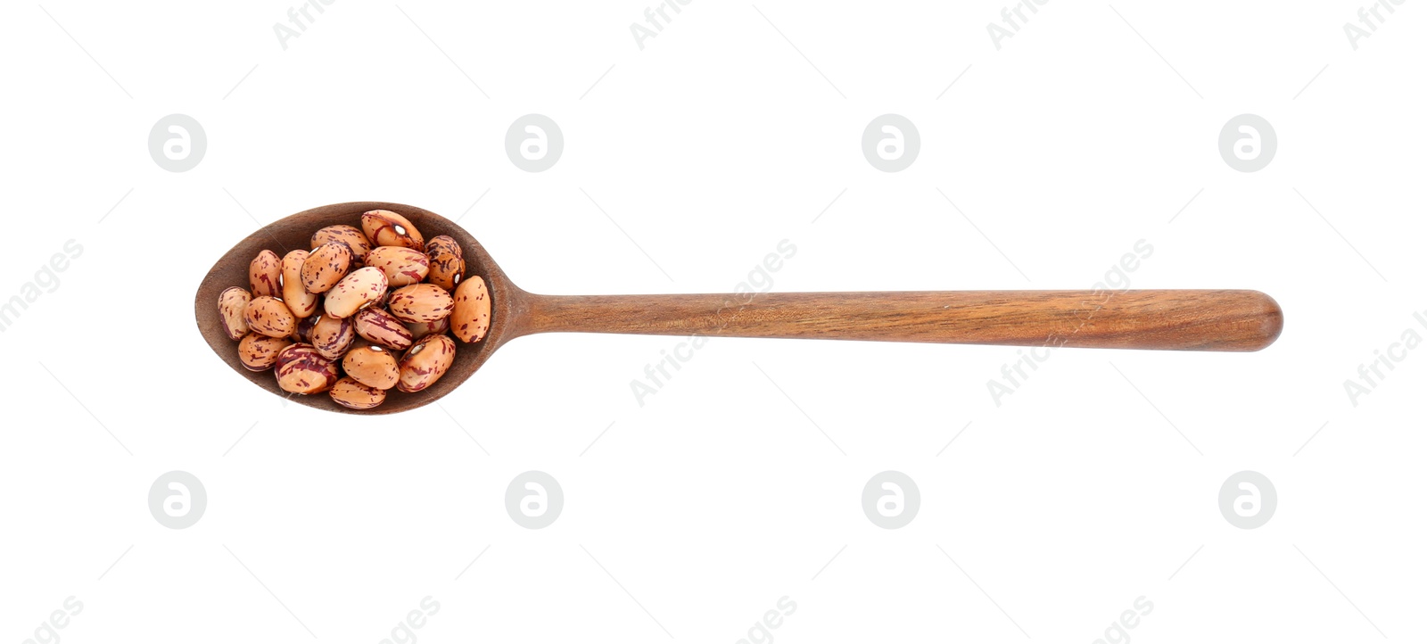 Photo of Wooden spoon with dry kidney beans isolated on white, top view