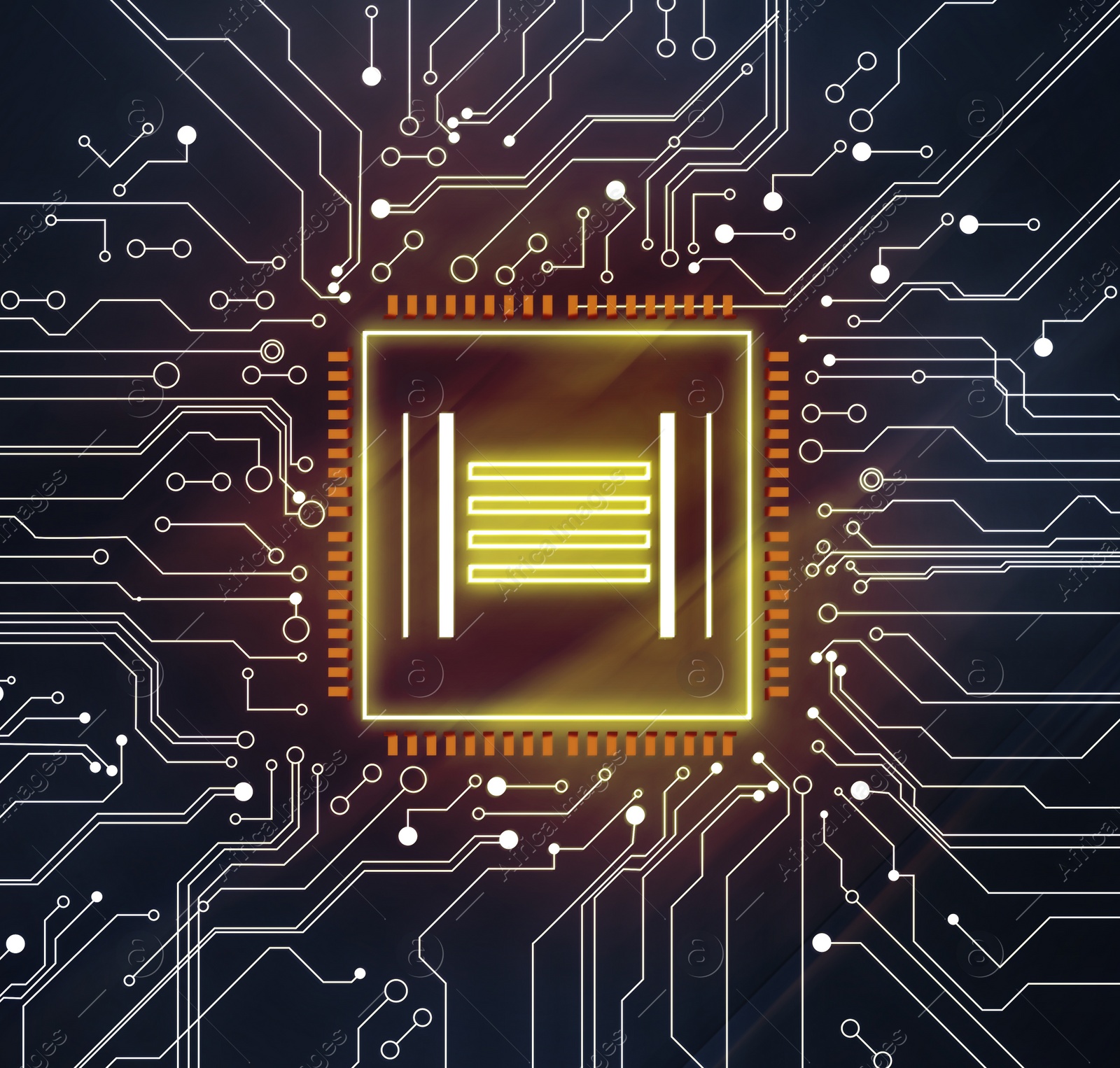Illustration of Electronics and technology. Circuit board with chip pattern illustration