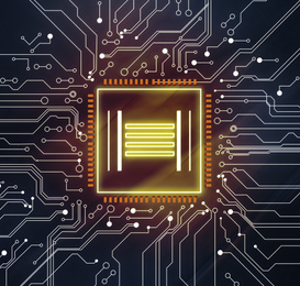 Illustration of Electronics and technology. Circuit board with chip pattern illustration