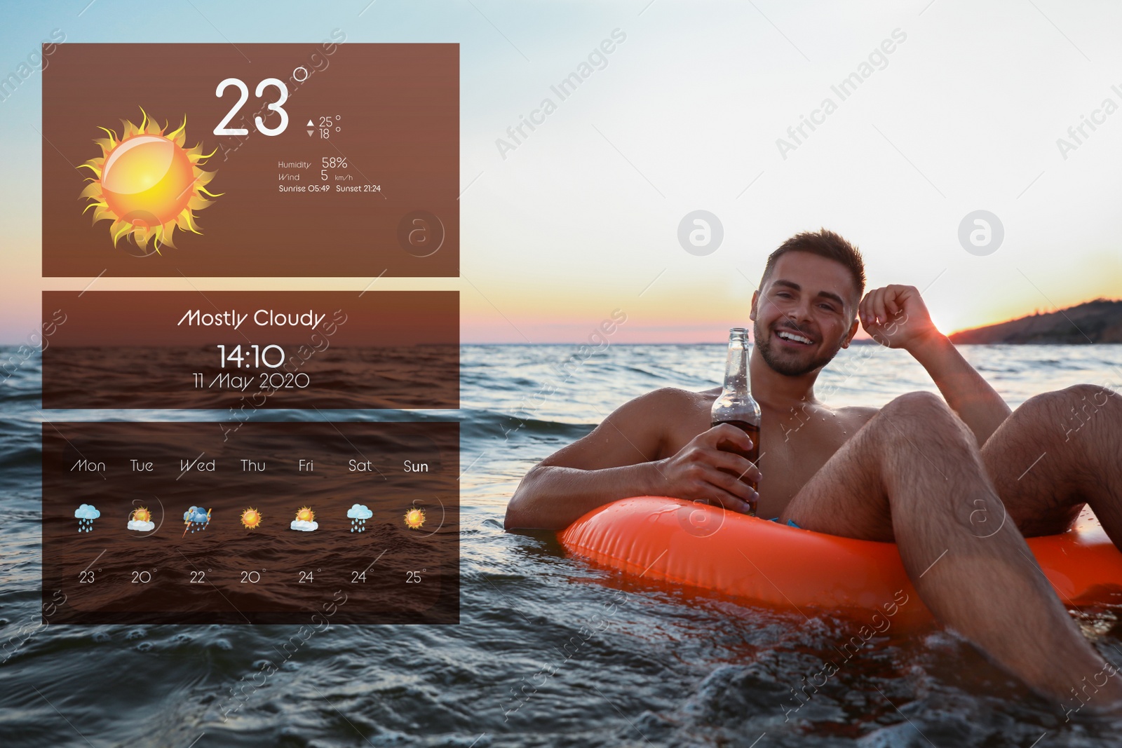Image of Happy young man with drink on inflatable ring in water and weather forecast widget. Mobile application