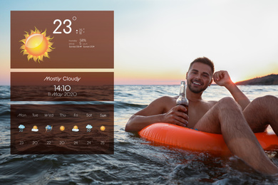 Image of Happy young man with drink on inflatable ring in water and weather forecast widget. Mobile application