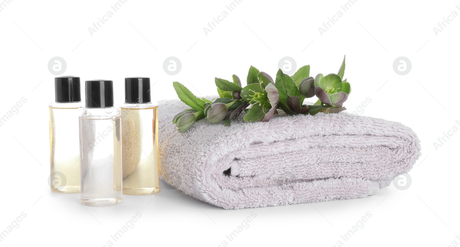 Photo of Towel, essential oils and flowers isolated on white. Spa treatment