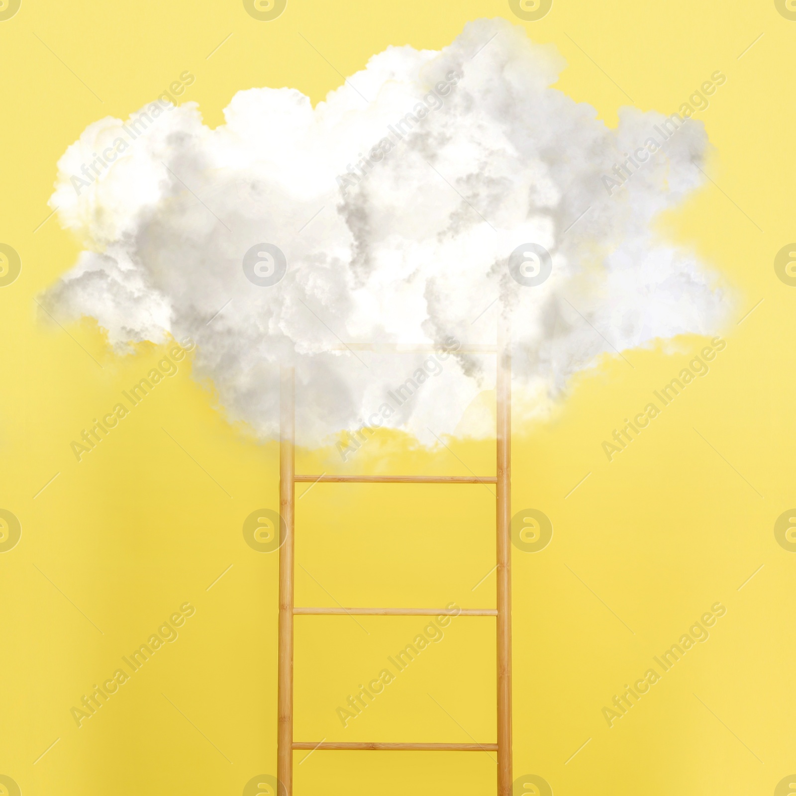 Image of Wooden ladder leading to white cloud on yellow background. Concept of growth and development