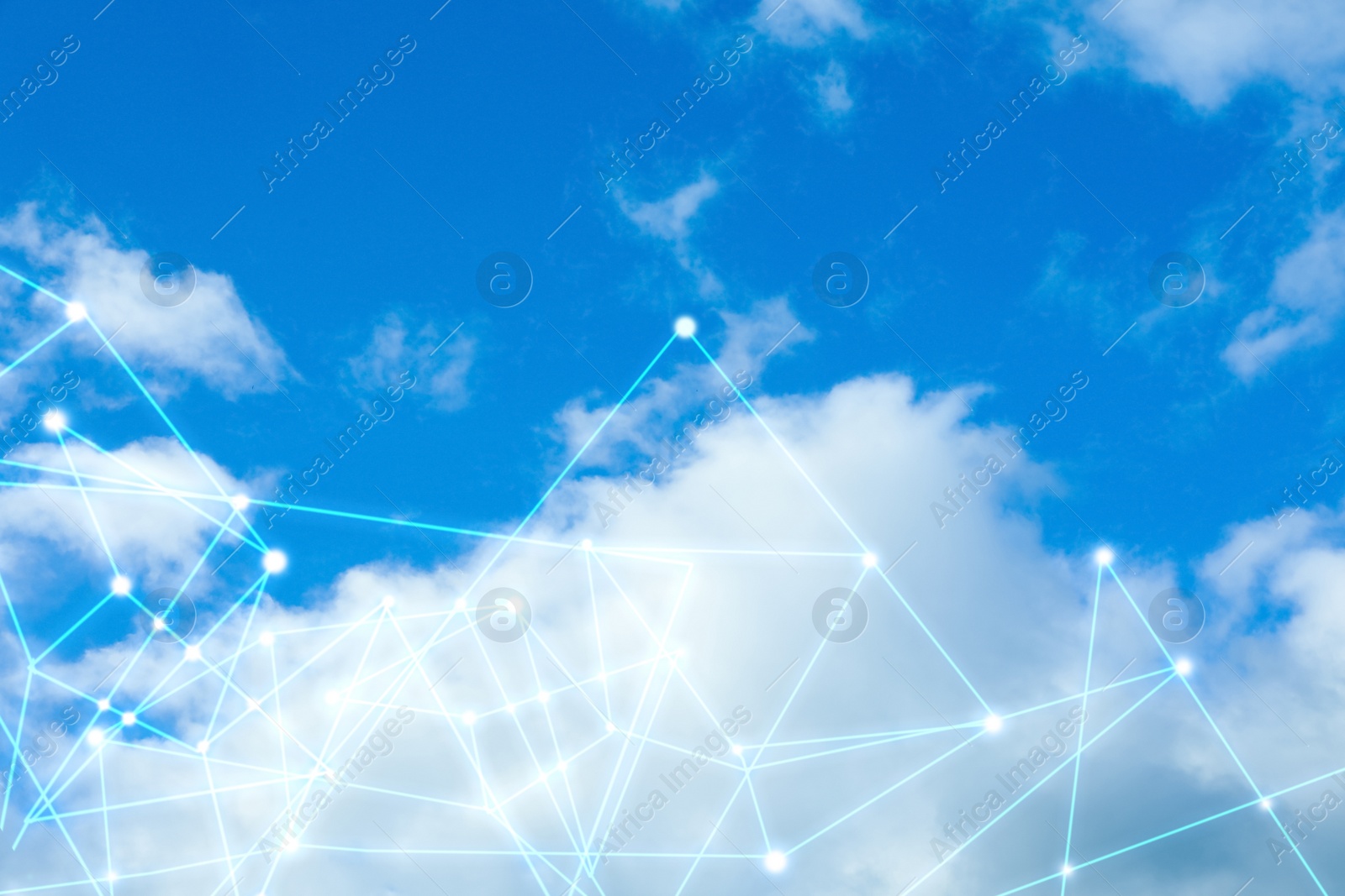 Image of Blue sky and network connection lines. Cloud technology