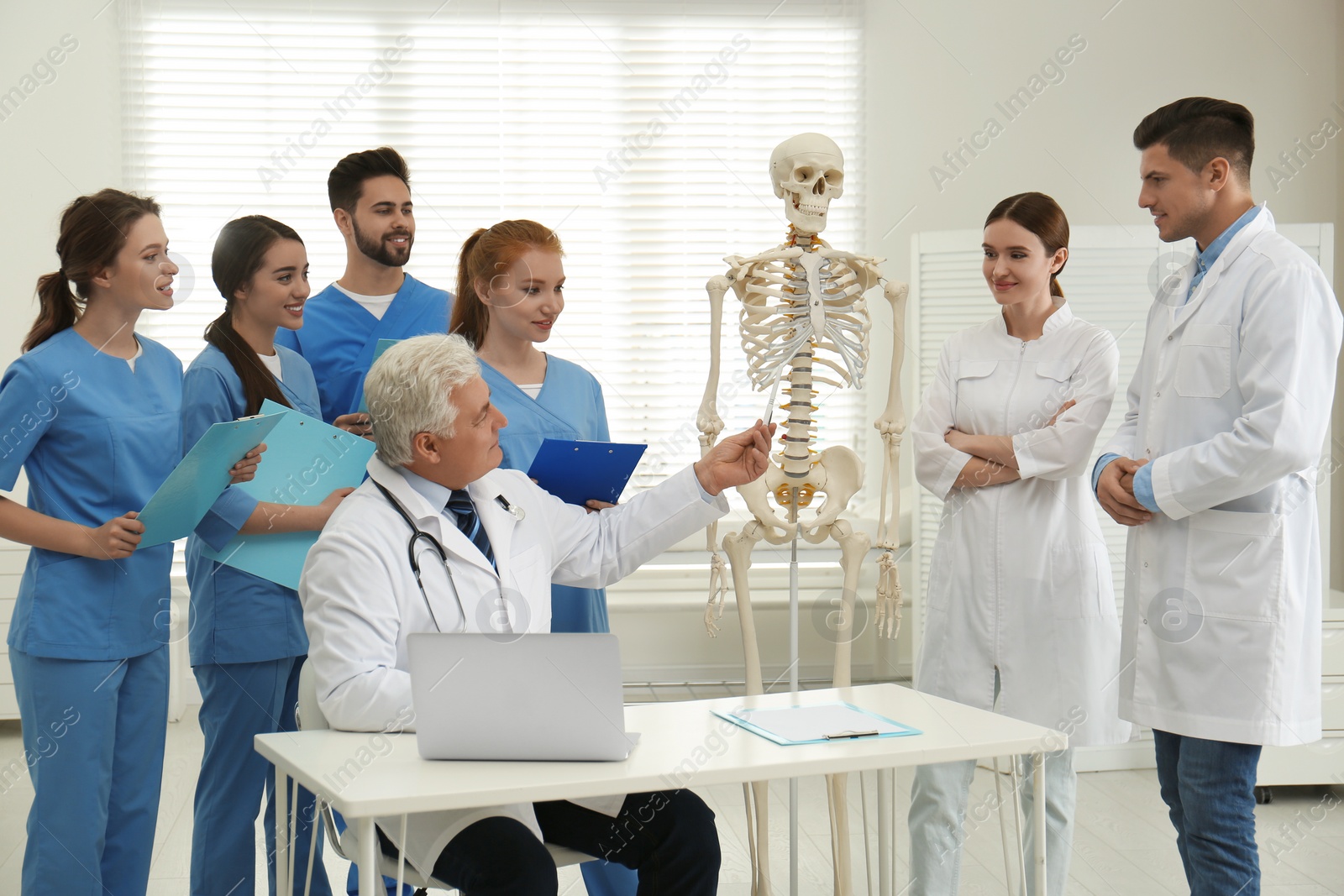 Photo of Professional orthopedist teaching medical students in clinic