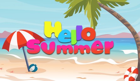 Hello summer. Illustration of tropical beach umbrella, ball and palm near sea. Banner design