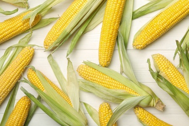 Photo of Corn cobs on white wooden table, flat lay