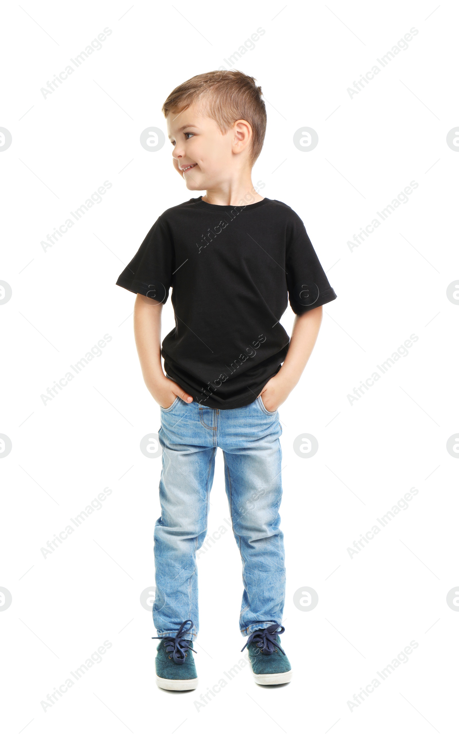 Photo of Little boy in t-shirt on white background. Mockup for design