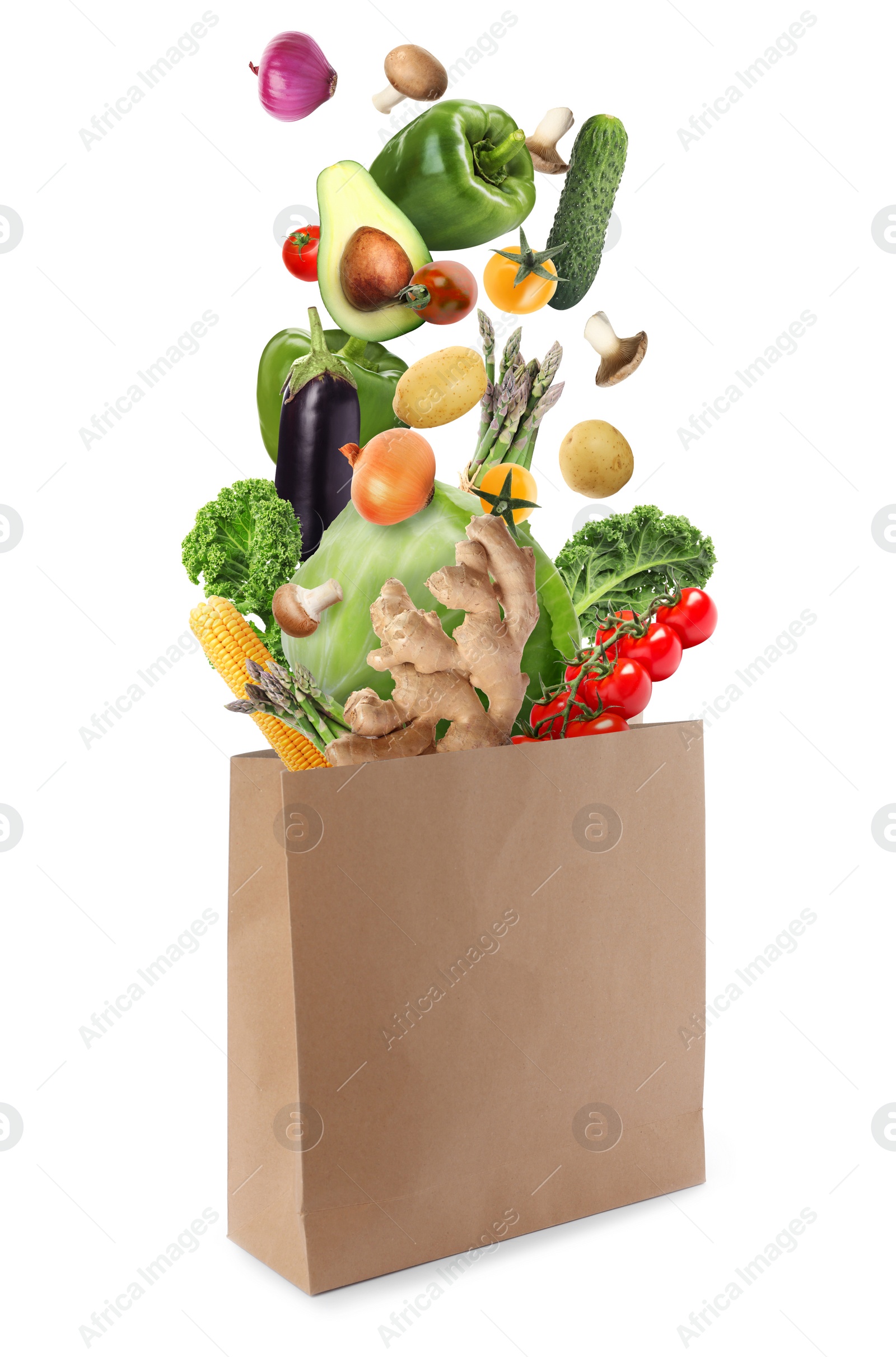 Image of Paper bag with vegetables on white background. Vegetarian food 