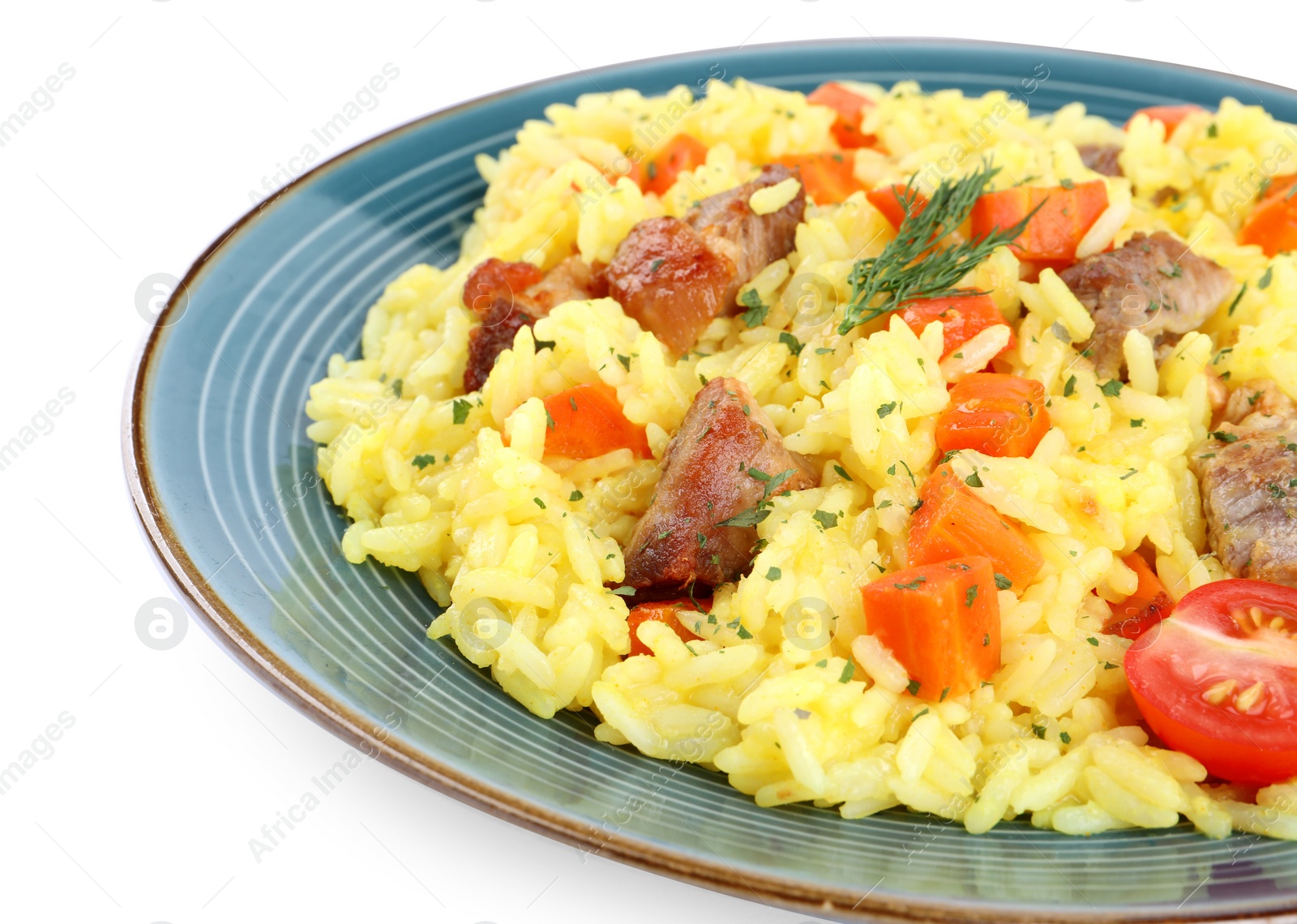 Photo of Delicious pilaf with meat isolated on white