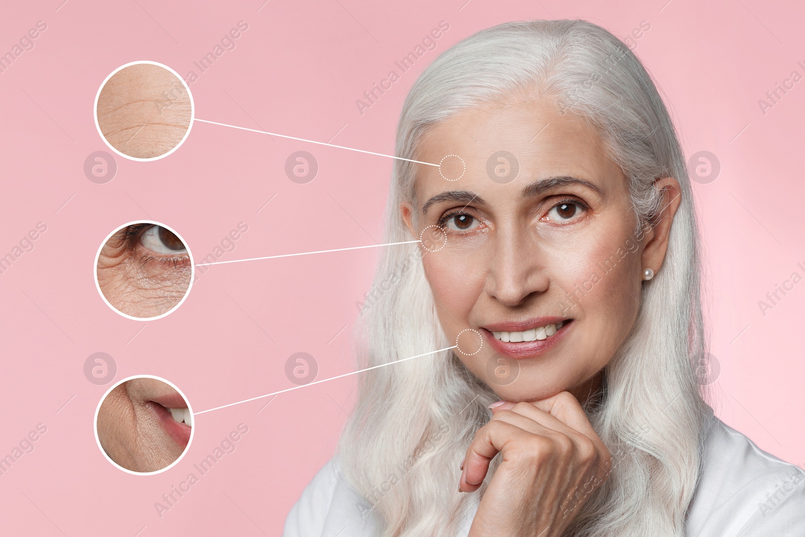 Image of Beautiful mature woman on pink background. Zoomed skin areas showing wrinkles before rejuvenation procedures