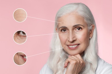Beautiful mature woman on pink background. Zoomed skin areas showing wrinkles before rejuvenation procedures