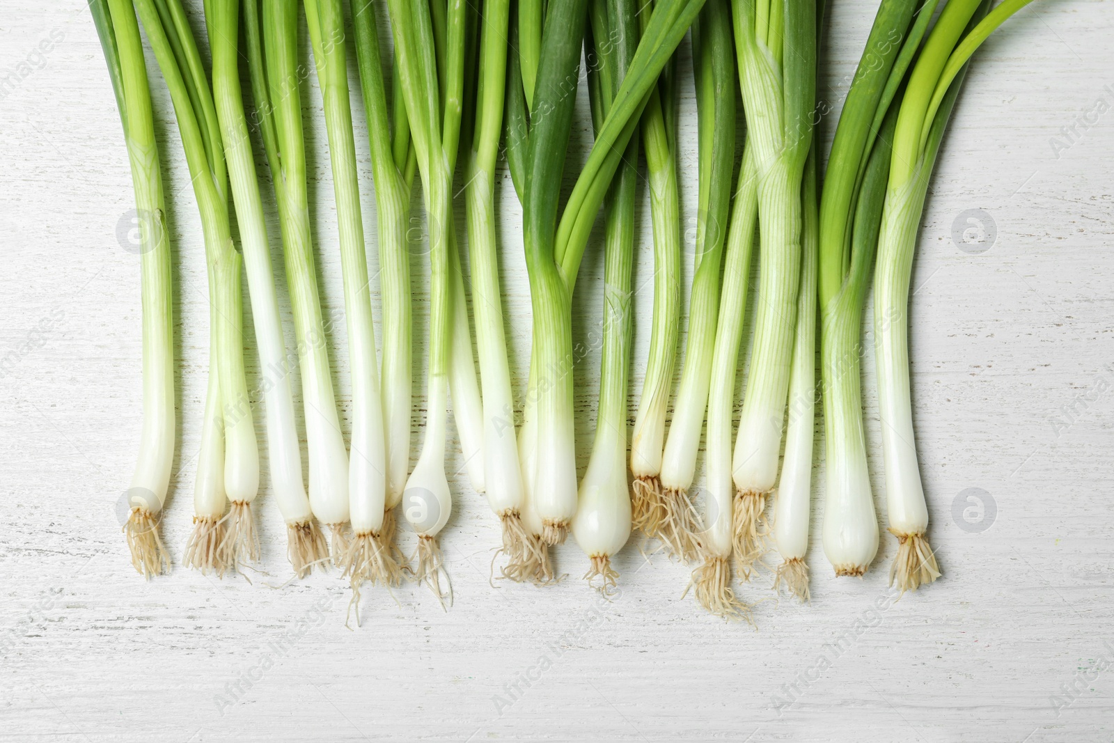 Photo of Fresh green onions on white wooden background, top view