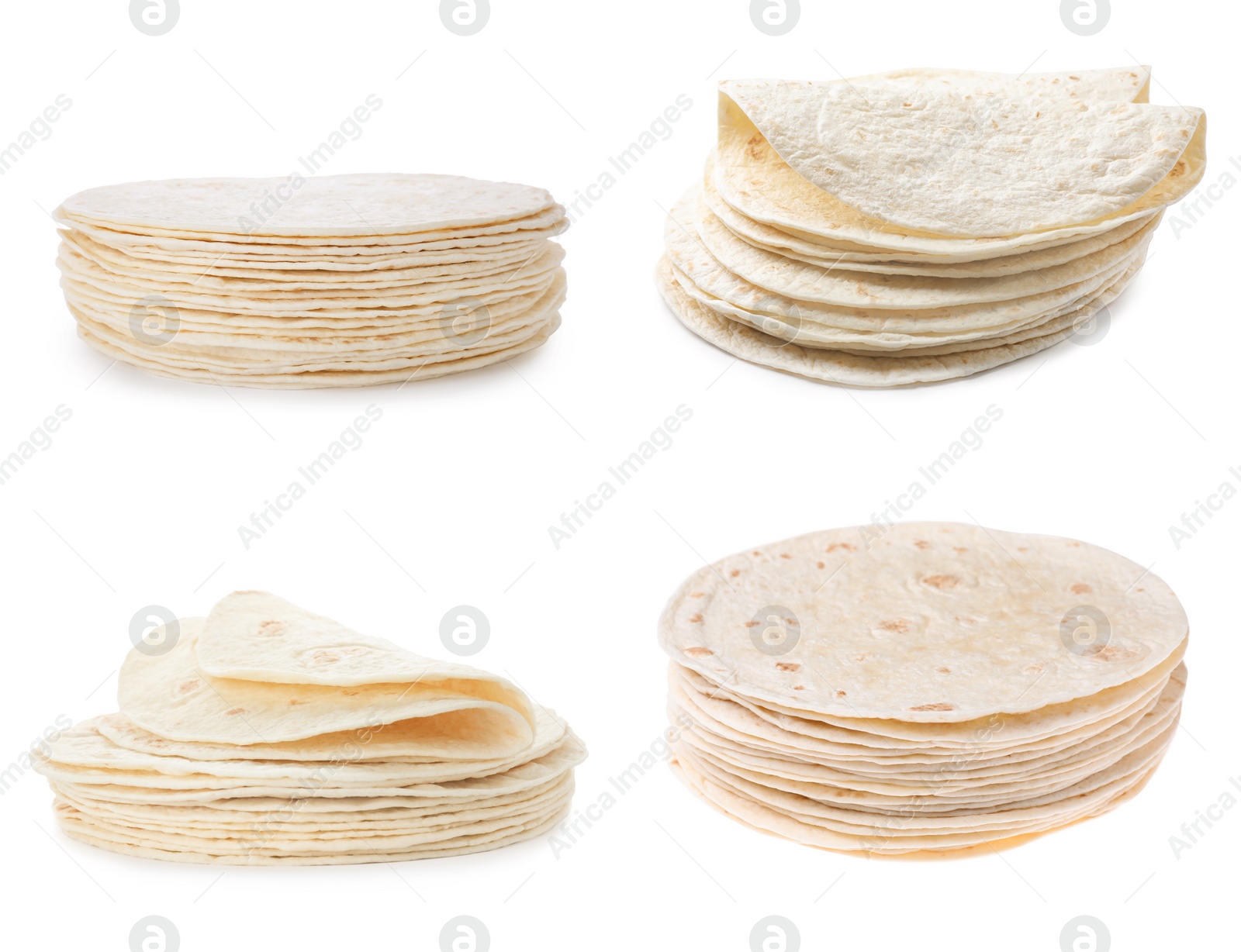 Image of Set of corn tortillas on white background