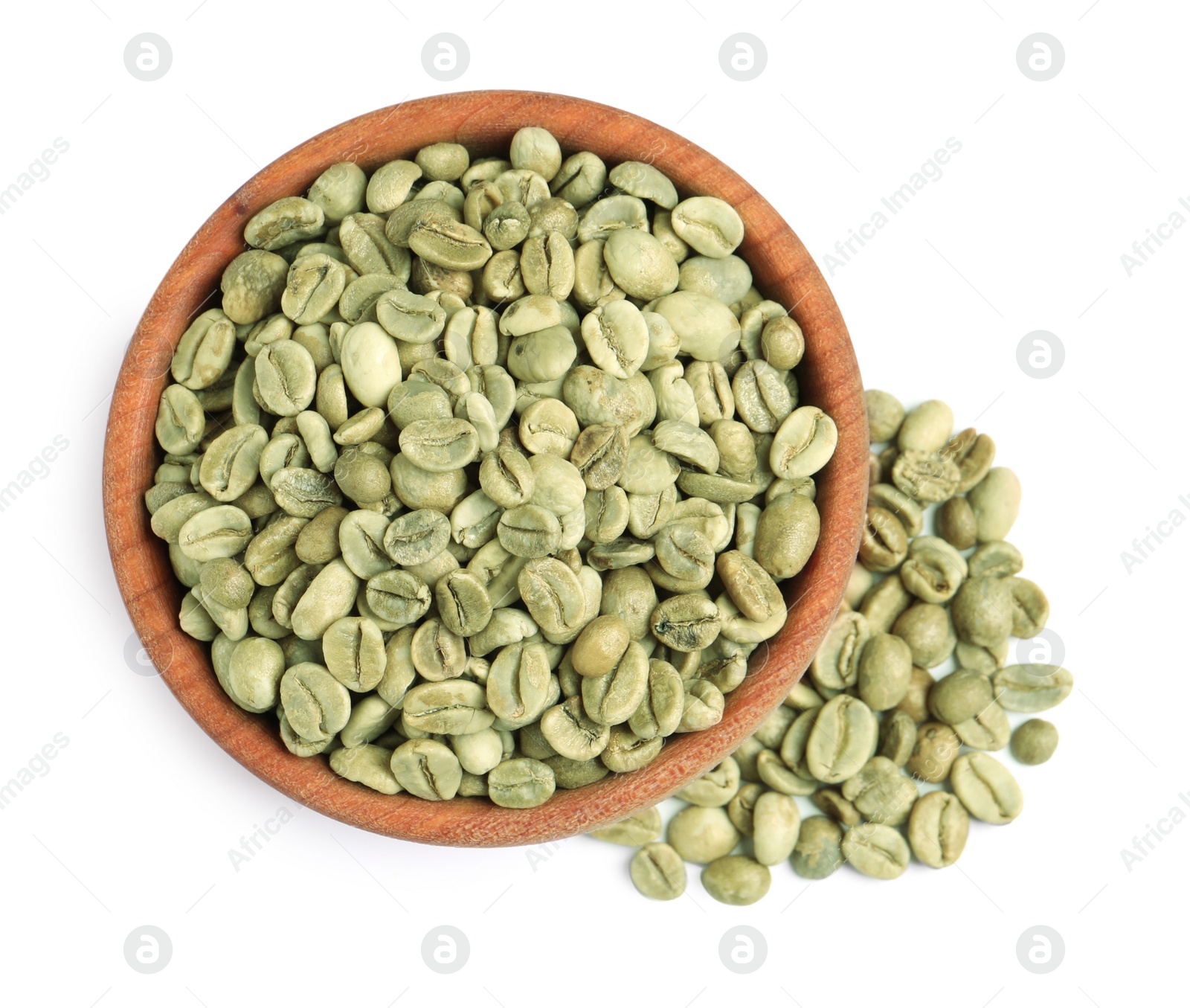 Photo of Wooden bowl with green coffee beans on white background, top view