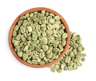 Photo of Wooden bowl with green coffee beans on white background, top view