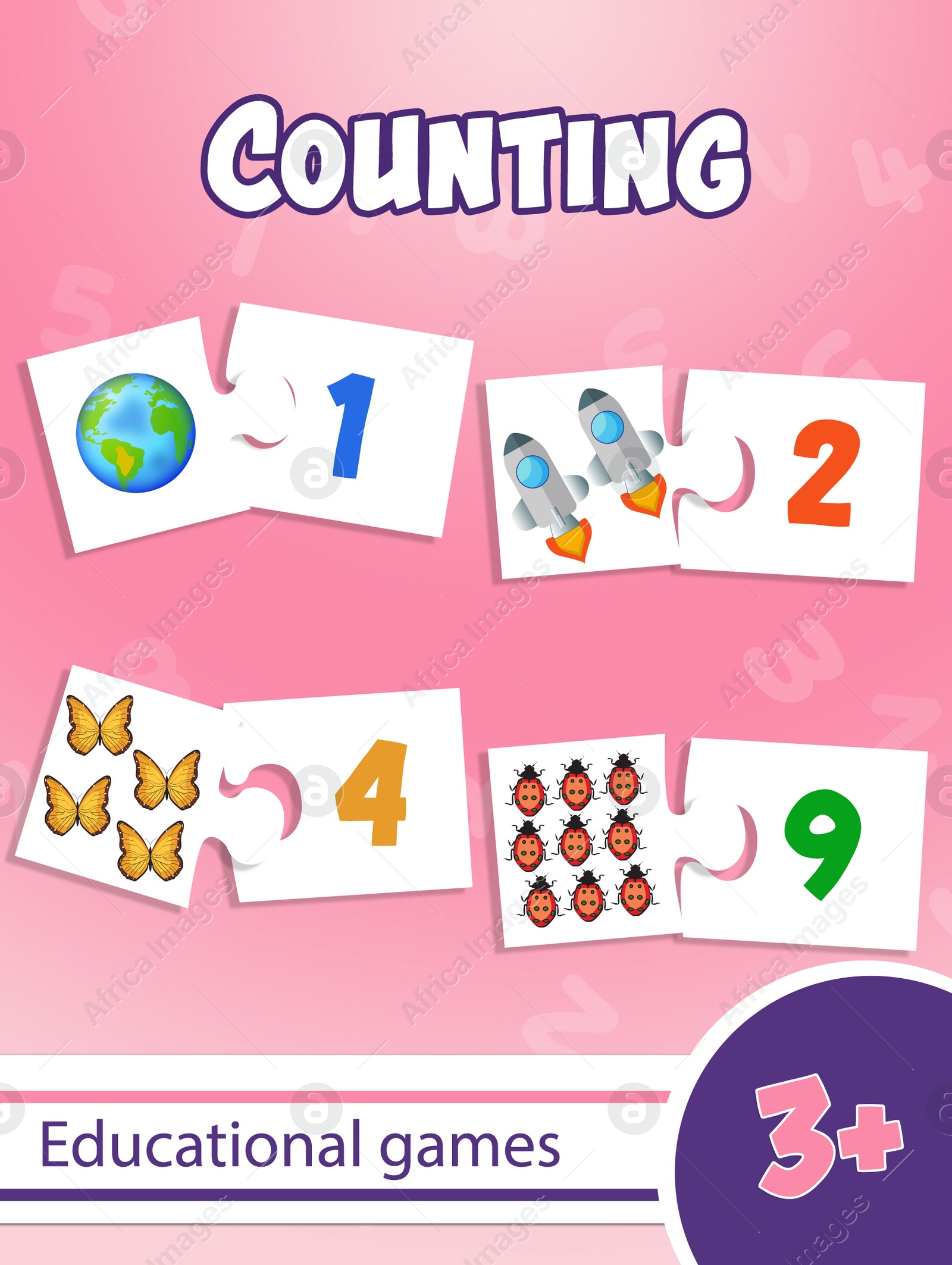 Illustration of Educational game for kids, learn to count. Jigsaw puzzles with images and numbers of their right quantity, illustration