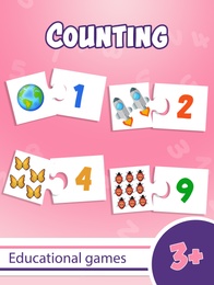 Illustration of Educational game for kids, learn to count. Jigsaw puzzles with images and numbers of their right quantity, illustration