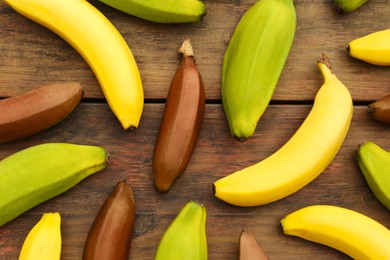 Many different bananas on wooden table, flat lay