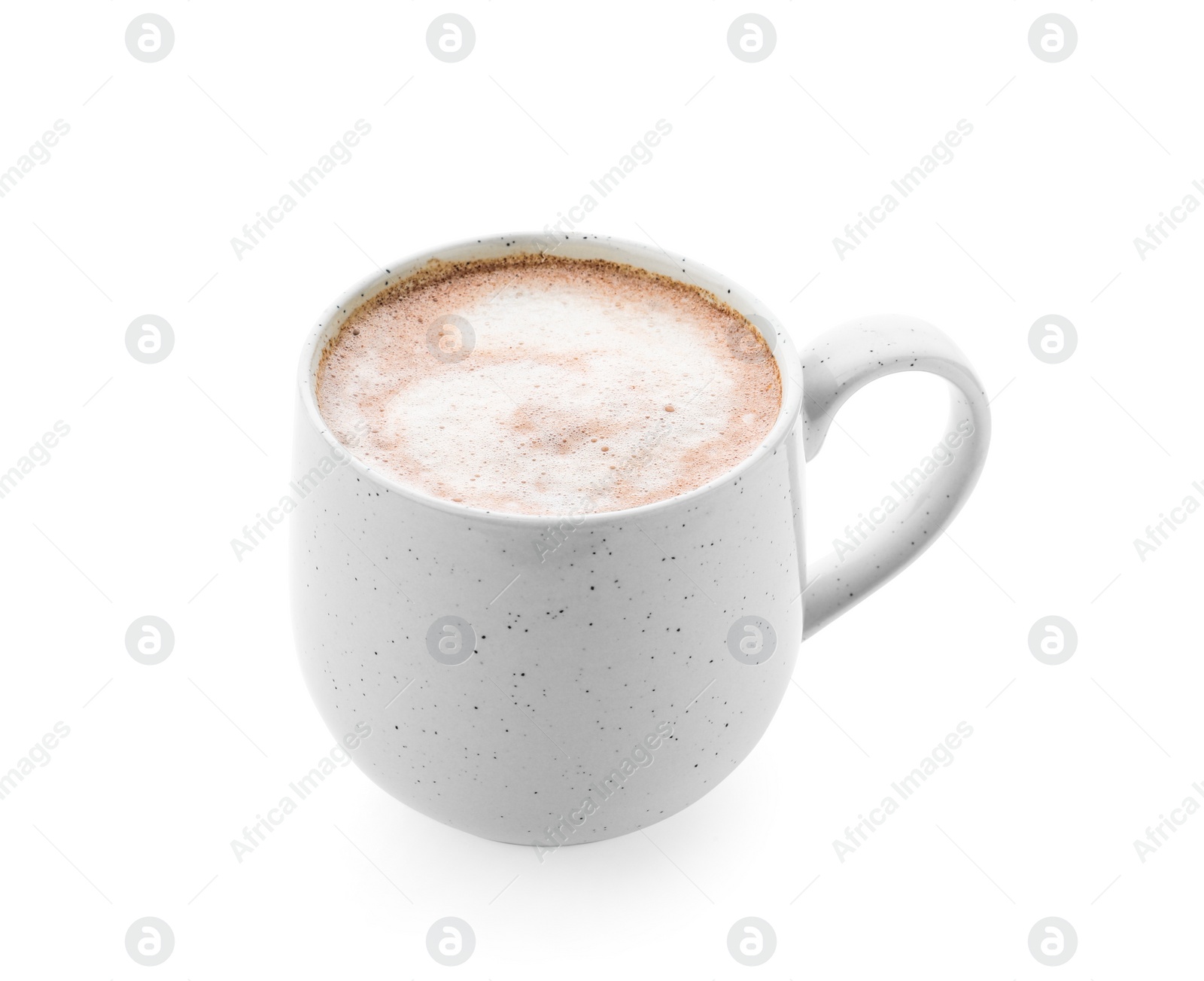 Photo of Delicious cocoa drink in cup on white background