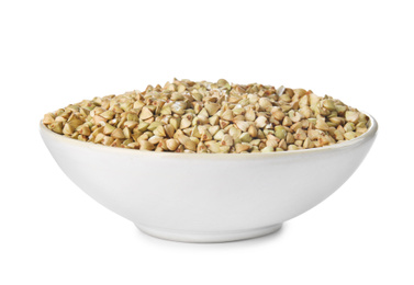 Photo of Uncooked green buckwheat grains in bowl isolated on white