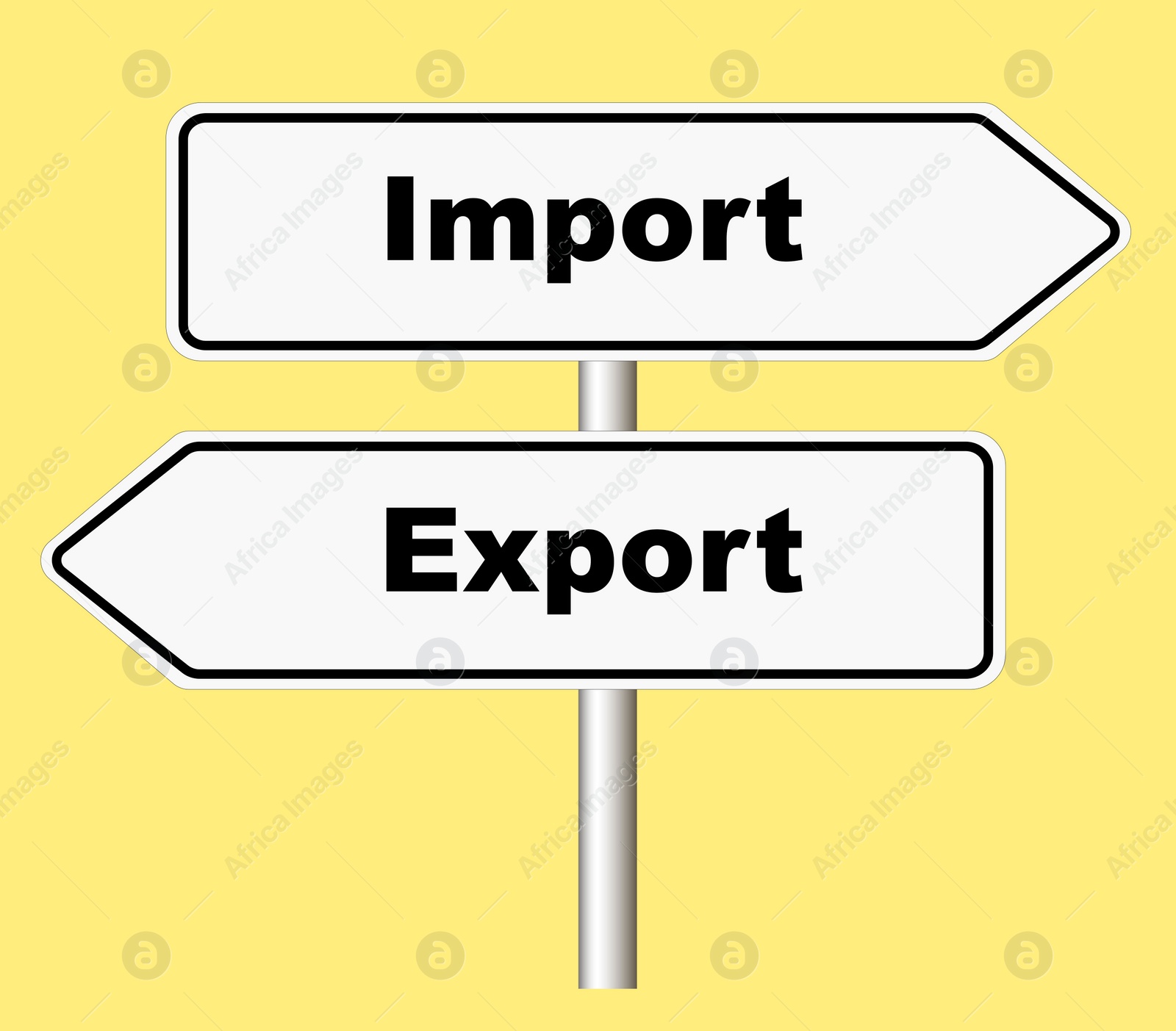 Illustration of Import Export arrow shaped road sign on yellow background