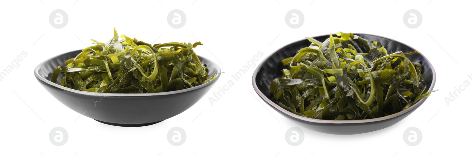 Image of Fresh laminaria (kelp) seaweed on white background, collage. Banner design