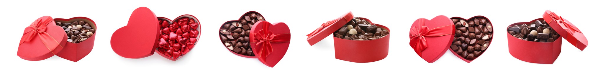 Image of Many heart shaped boxes with tasty chocolate candies on white background, collage design