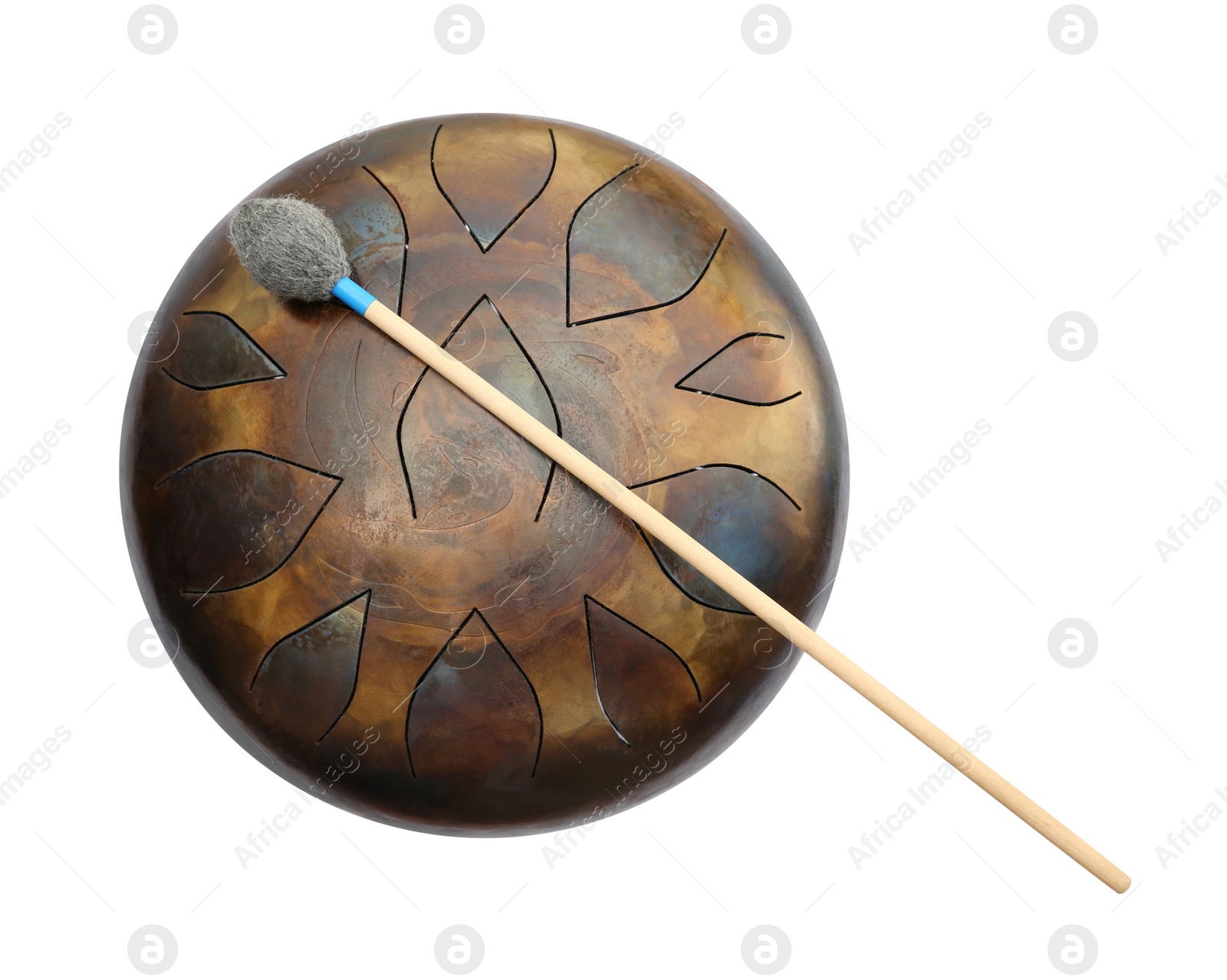 Photo of Steel tongue drum with soft mallet isolated on white, top view