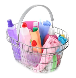 Metal shopping basket with different household chemicals on white background