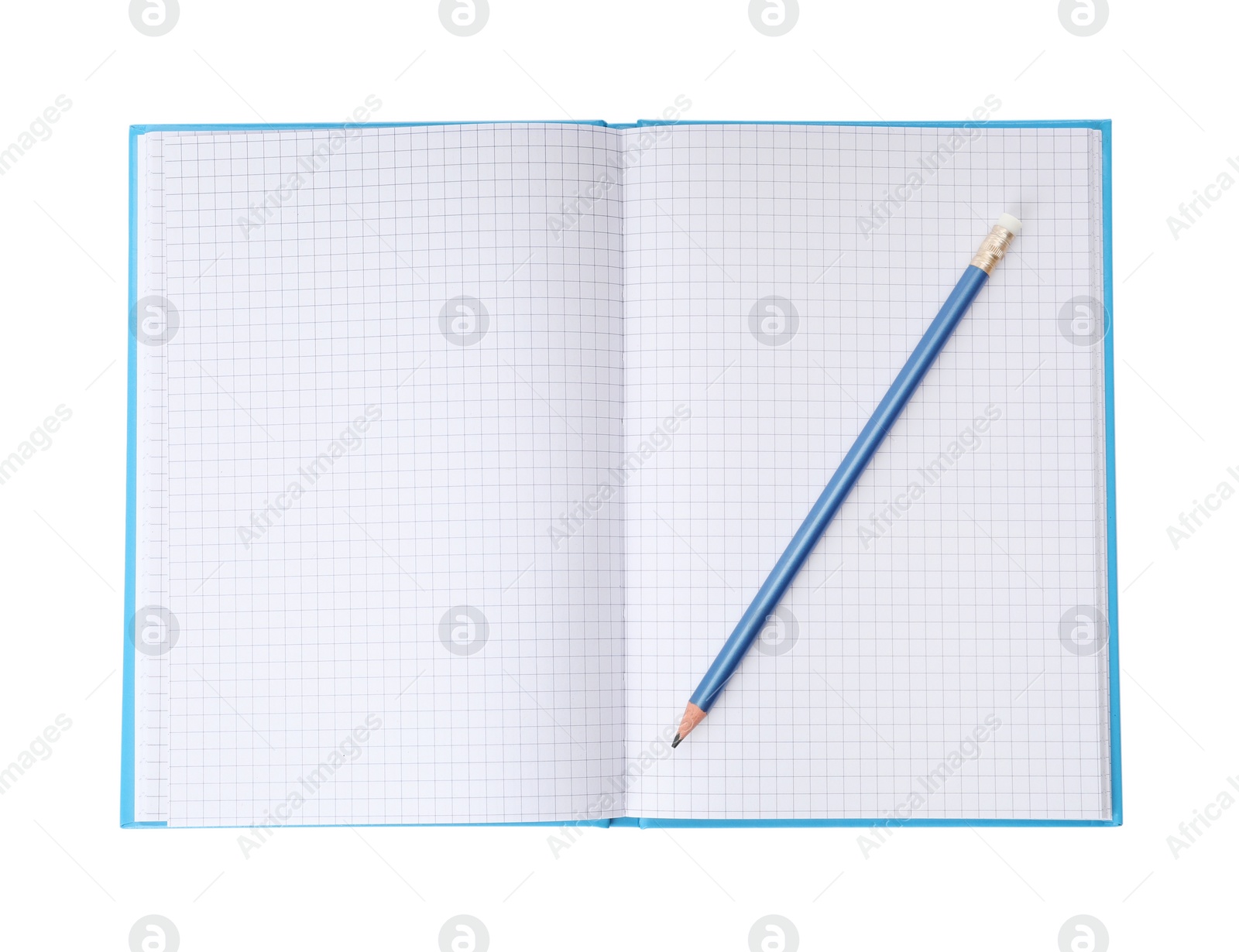 Photo of Open notebook with blank sheets and pencil isolated on white, top view