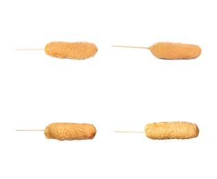 Image of Set with delicious deep fried corn dogs on white background 
