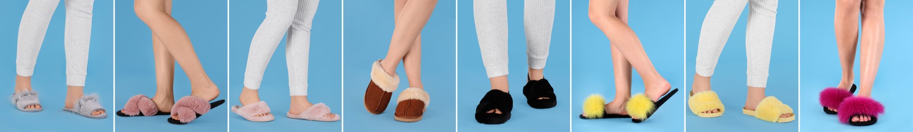 Image of Collage with photos of women wearing stylish slippers on blue background, closeup. Banner design