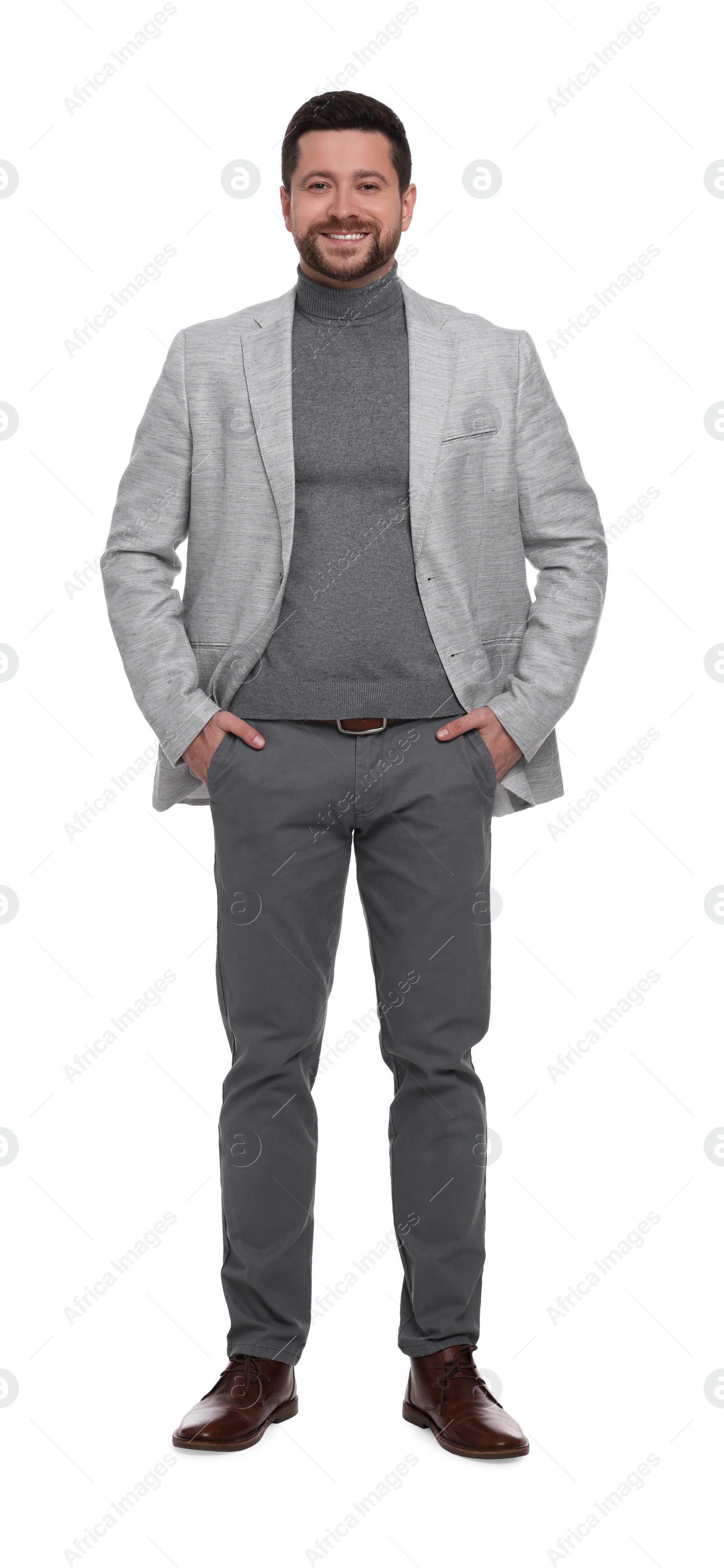 Photo of Handsome bearded businessman in suit on white background