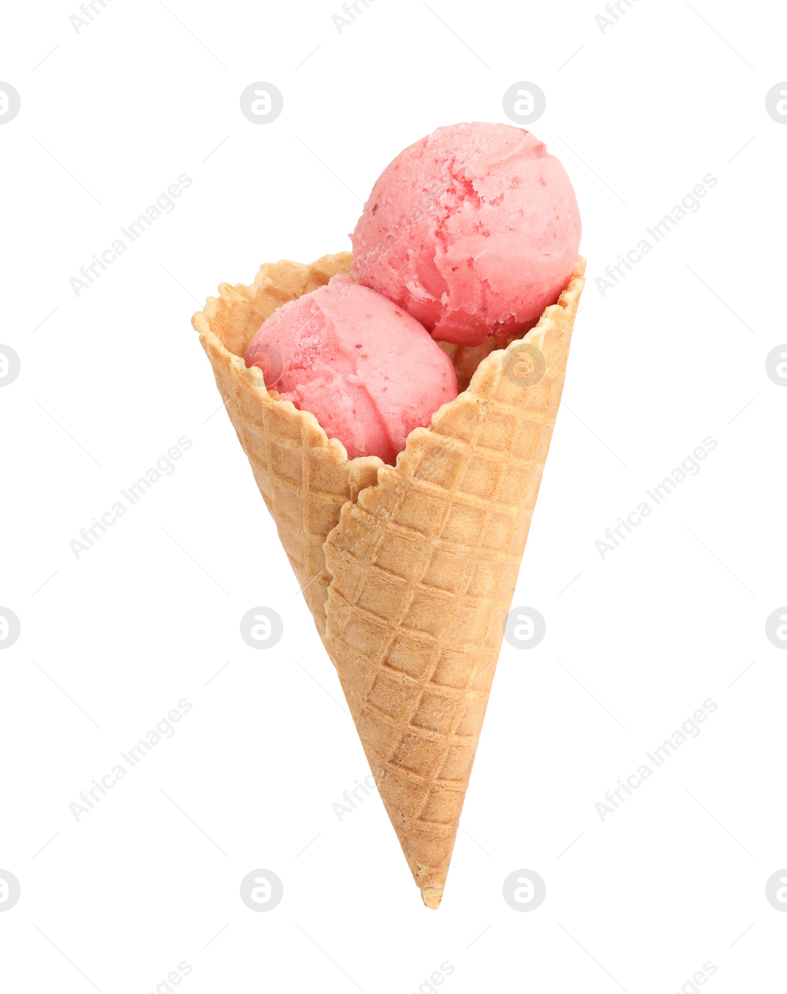 Photo of Delicious pink ice cream in waffle cone on white background