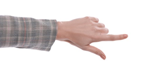 Photo of Woman pointing with index finger on white background, closeup