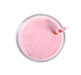 Tasty raspberry smoothie in glass isolated on white, top view