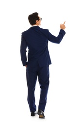 Photo of Professional business trainer pointing on something, white background