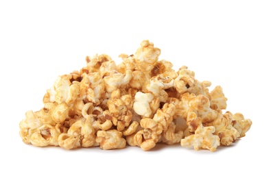 Pile of delicious caramel popcorn on white background