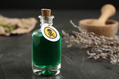 Photo of Glass bottle of poison with warning sign and herb on grey stone table