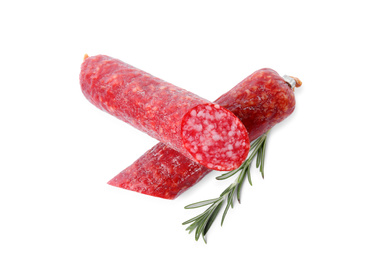 Photo of Tasty cut sausage on white background, top view. Meat product