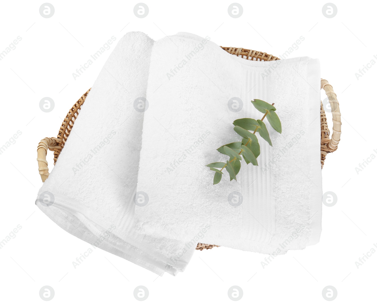 Photo of Terry towels and eucalyptus branch isolated on white, top view