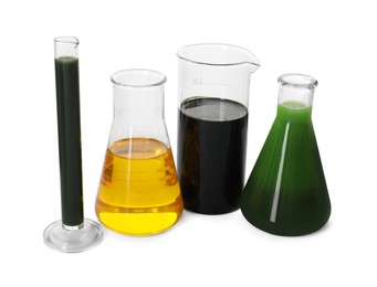 Photo of Test tube, beaker and flasks with different types of oil isolated on white