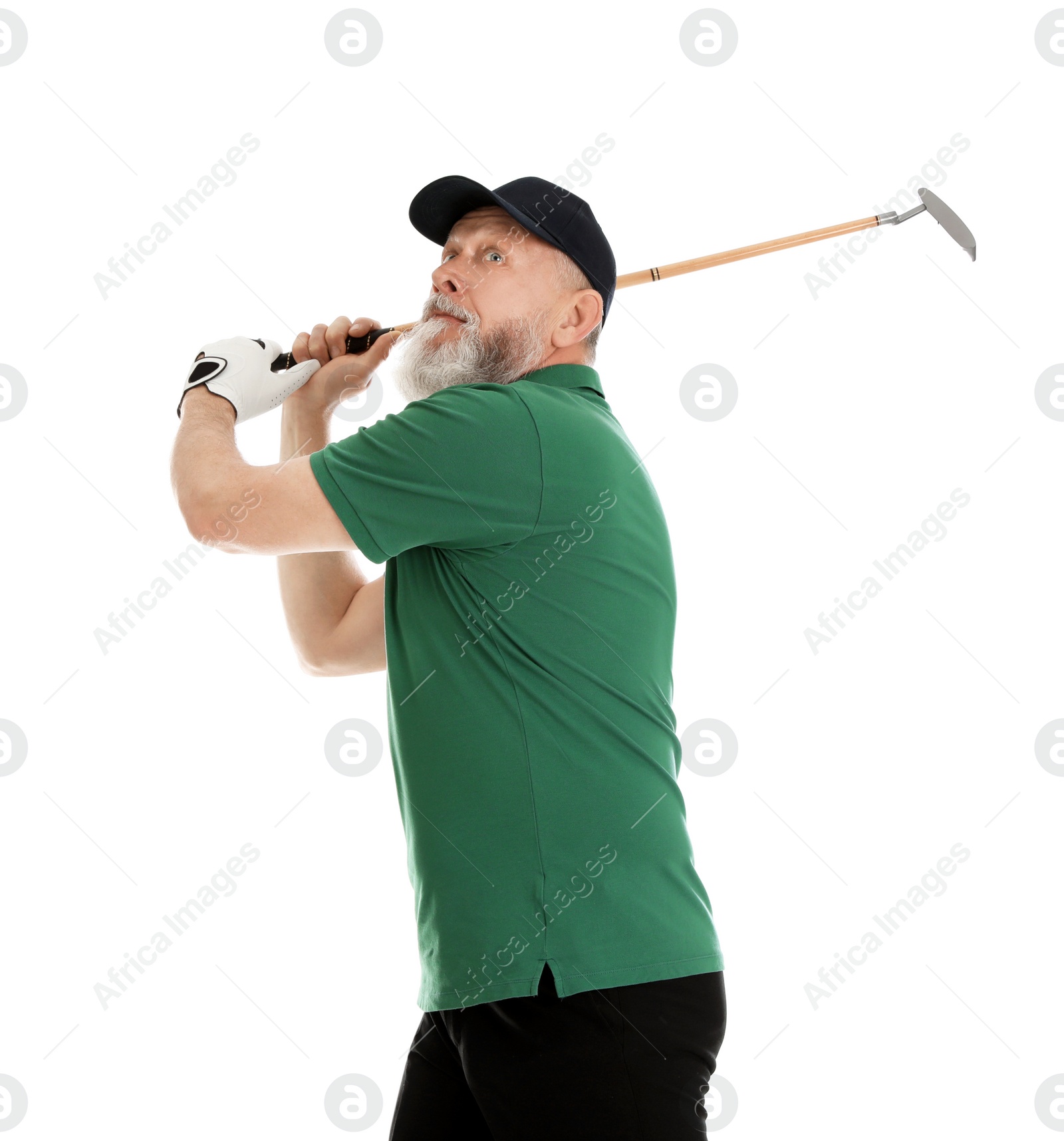 Photo of Senior man playing golf on white background