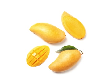 Composition with fresh mango fruits on white background, top view