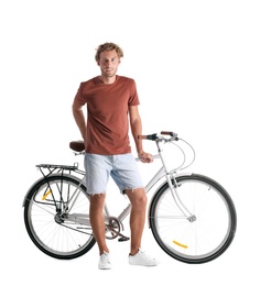 Photo of Handsome young man with bicycle on white background