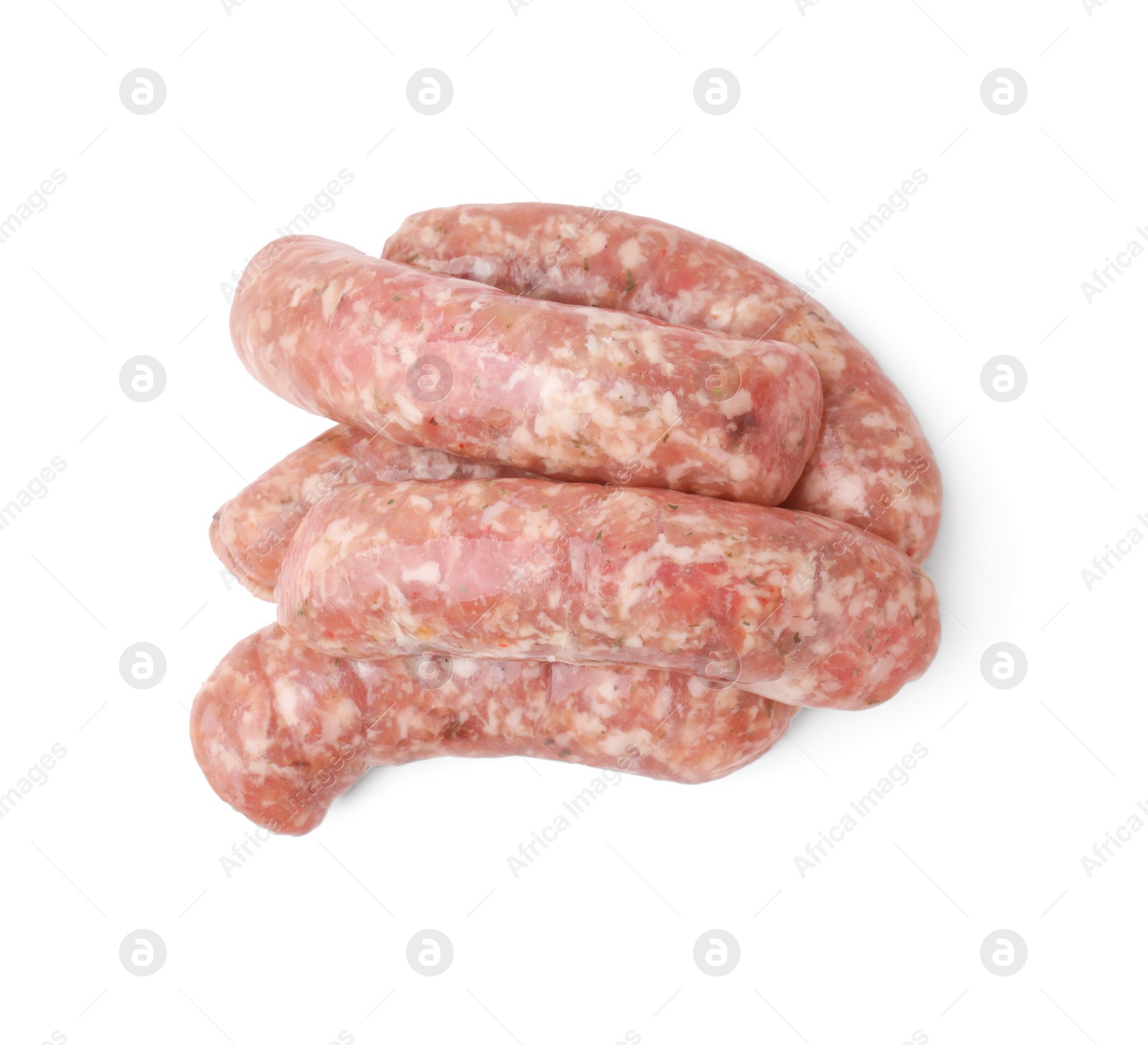 Photo of Fresh raw homemade sausages isolated on white, top view