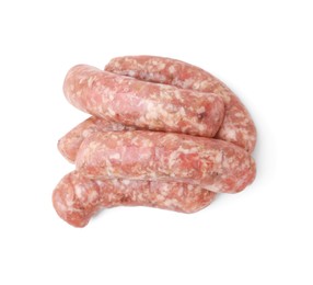 Fresh raw homemade sausages isolated on white, top view
