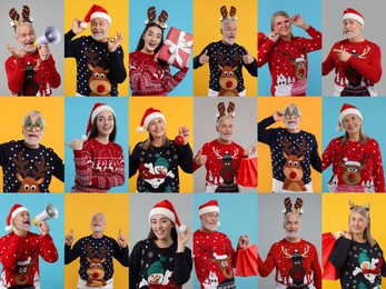 Image of People in Christmas sweaters on color backgrounds, set of photos