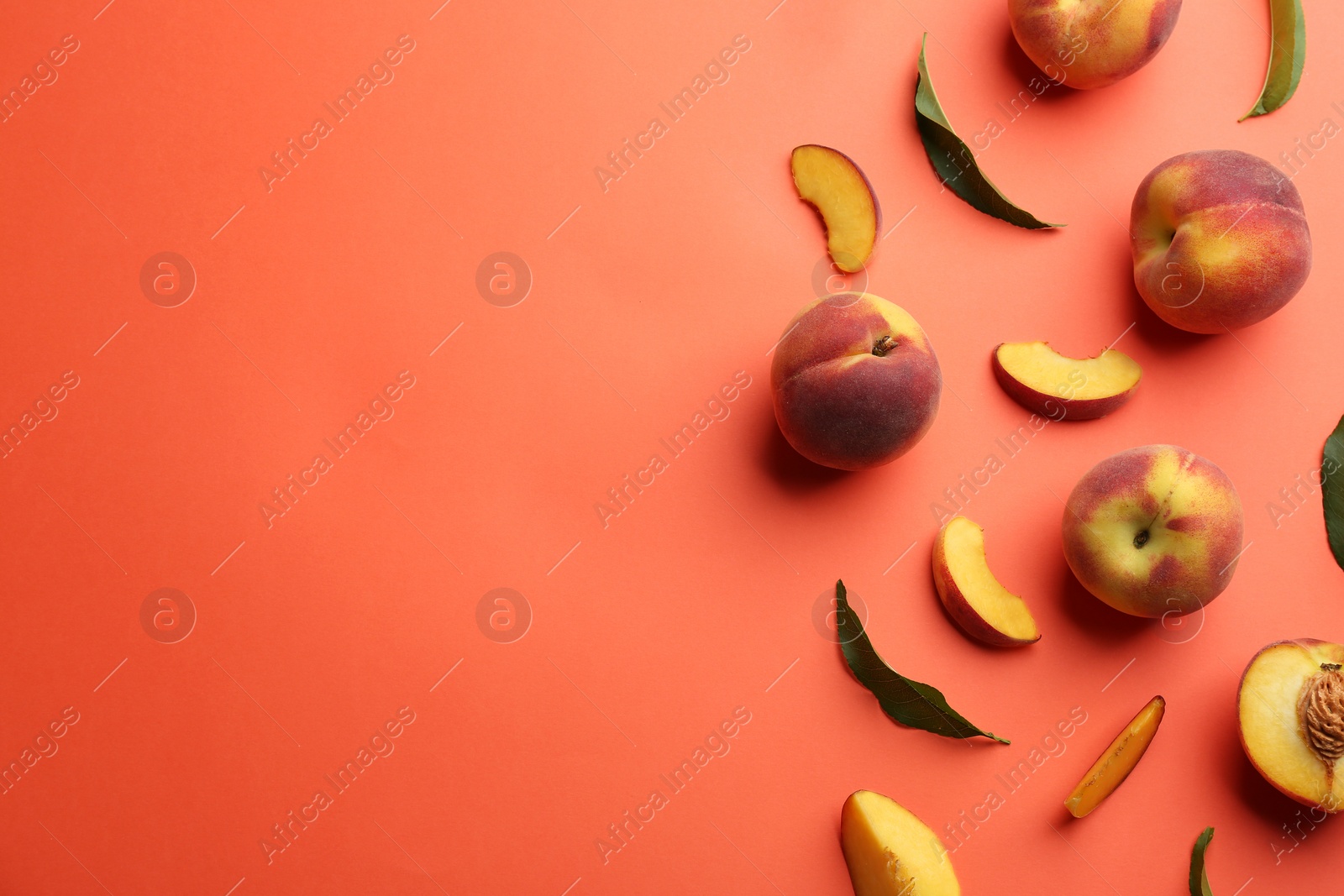 Photo of Flat lay composition with fresh peaches on coral background. Space for text